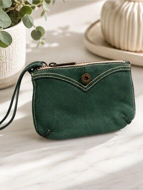 Vintage GAP Leather Wristlet Clutch Contrast Stitch Green Zip Pouch Wallet